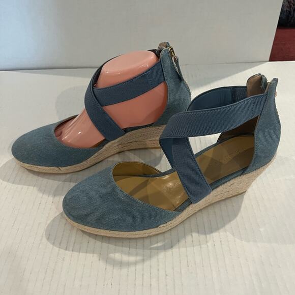 Talbots Women’s Lyndsay Espadrille Denim Wedges Criss Cross Straps Back Zip Sz 9 - Picture 1 of 10